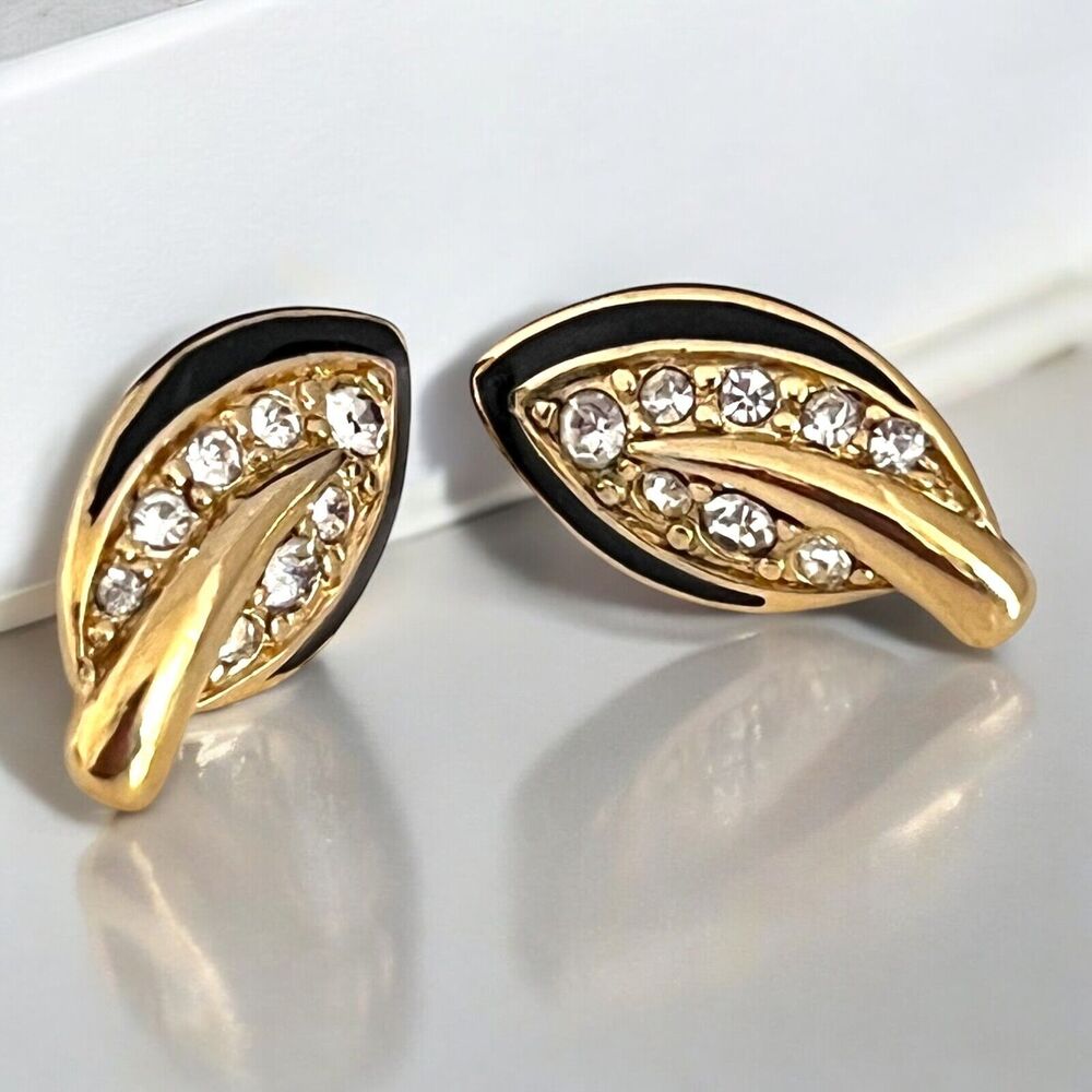 Vintage Trifari Earrings Gold Tone Pierced Crystals Enamel Signed 11S